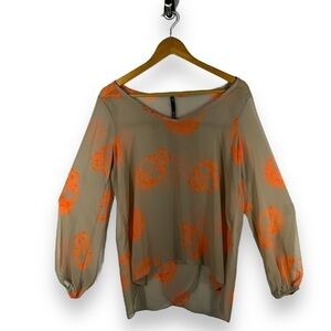 4 for $20 SALE! Love Culture V Neck Open Back Sheer Top, Taupe/Orange Skull, M